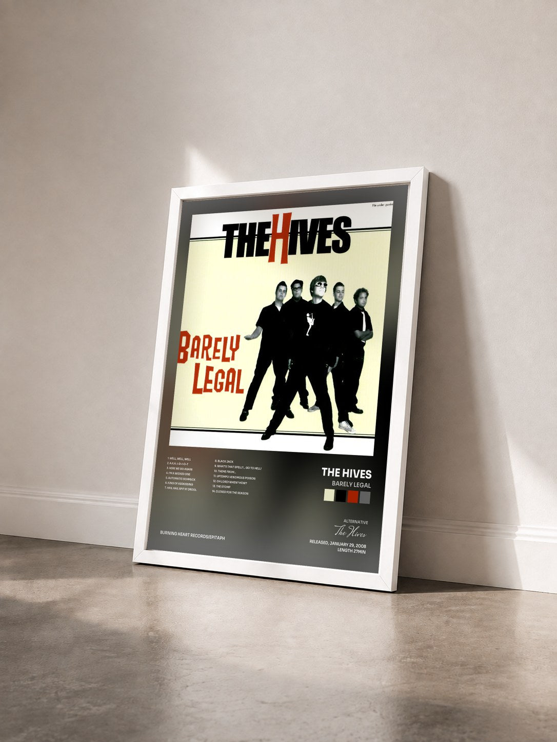 #blanc Tableau de l'album Barely Legal de The Hives vu de trois quarts, cadre blanc