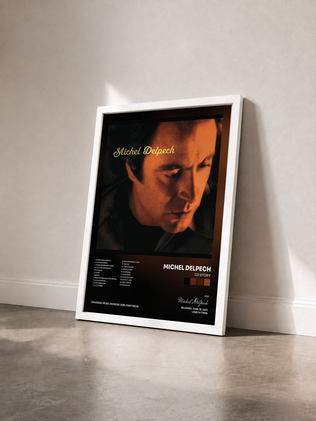 #blanc Tableau de l'album CD Story de Michel Delpech vu de trois quarts, cadre blanc