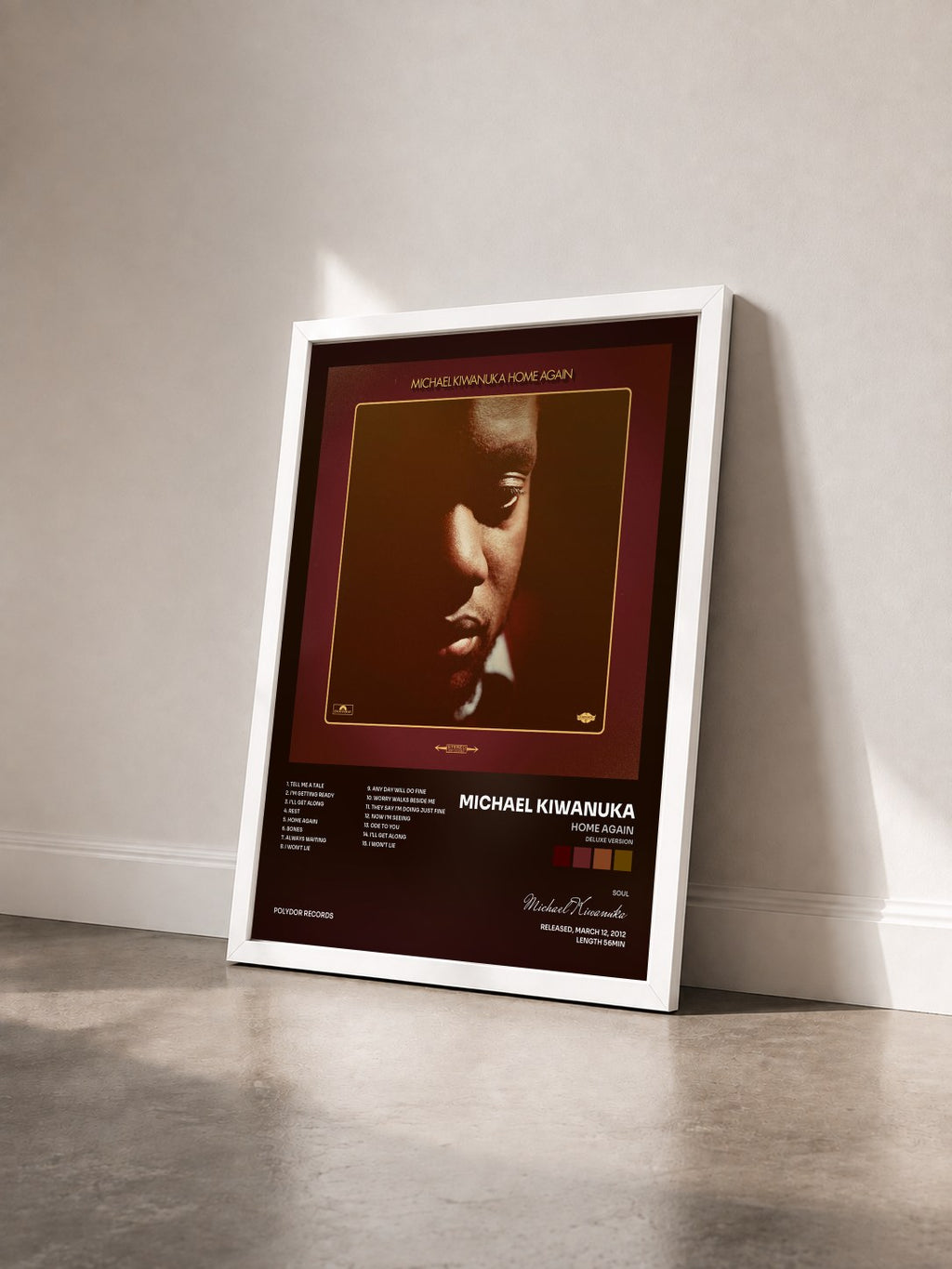 #blanc Tableau de l'album Home Again (Deluxe Version) de Michael Kiwanuka vu de trois quarts, cadre blanc