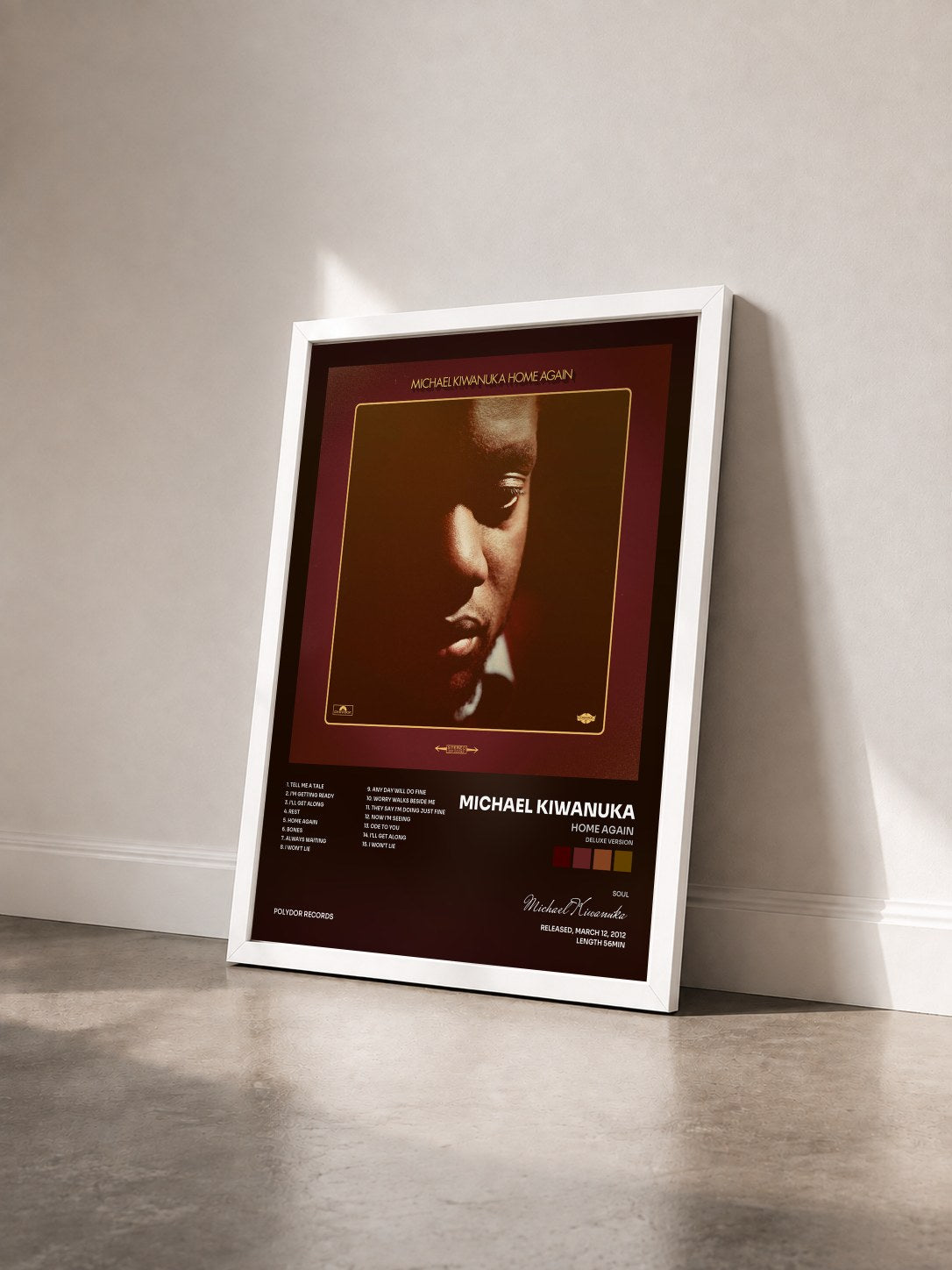 #blanc Tableau de l'album Home Again (Deluxe Version) de Michael Kiwanuka vu de trois quarts, cadre blanc