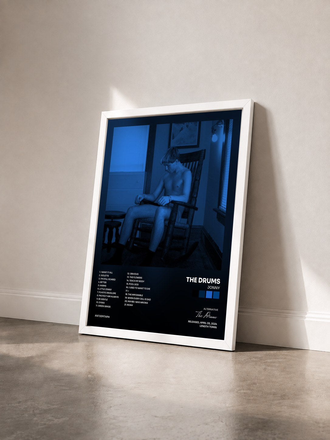 #blanc Tableau de l'album Jonny de The Drums vu de trois quarts, cadre blanc