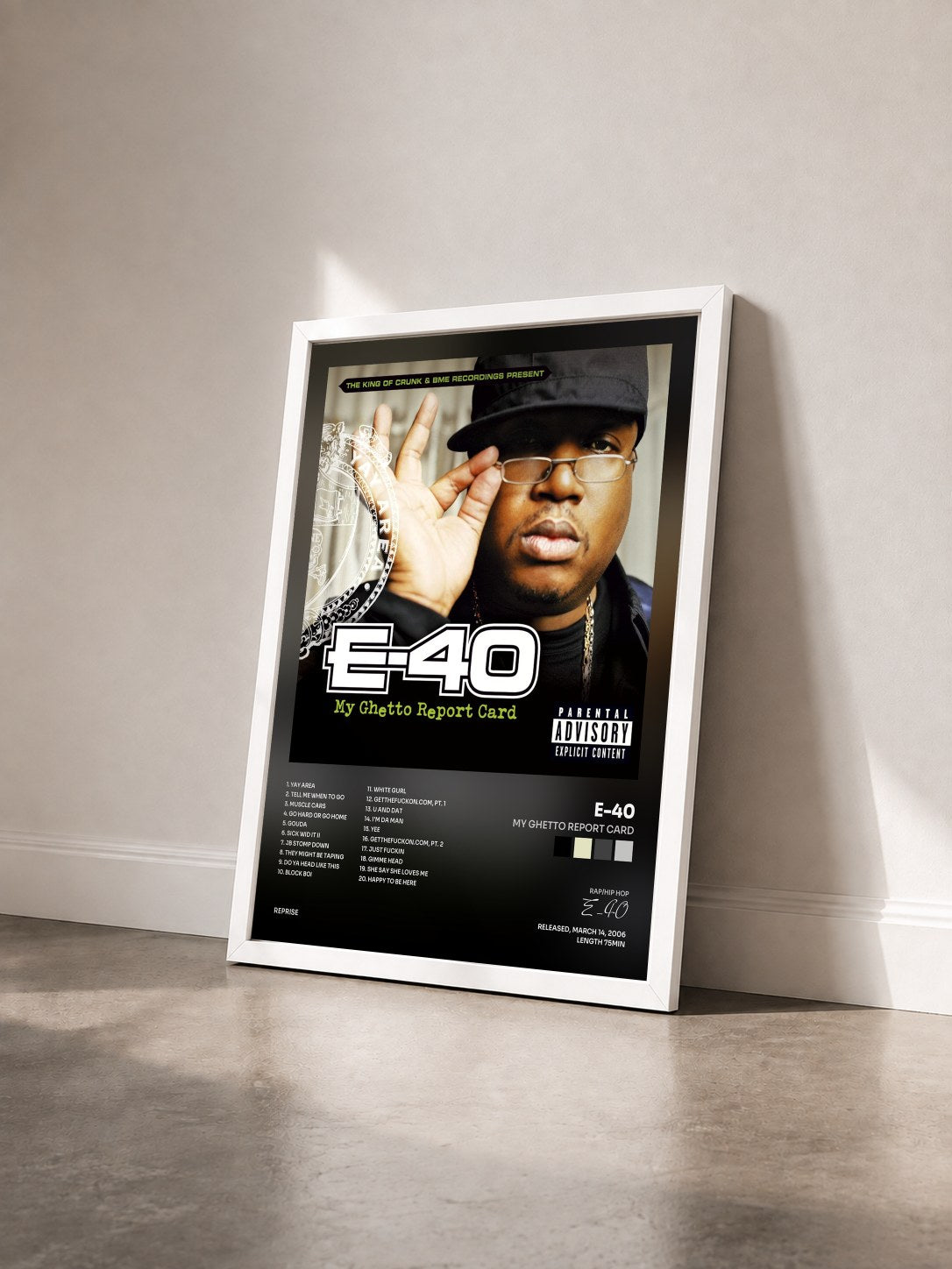 #blanc Tableau de l'album My Ghetto Report Card de E-40 vu de trois quarts, cadre blanc