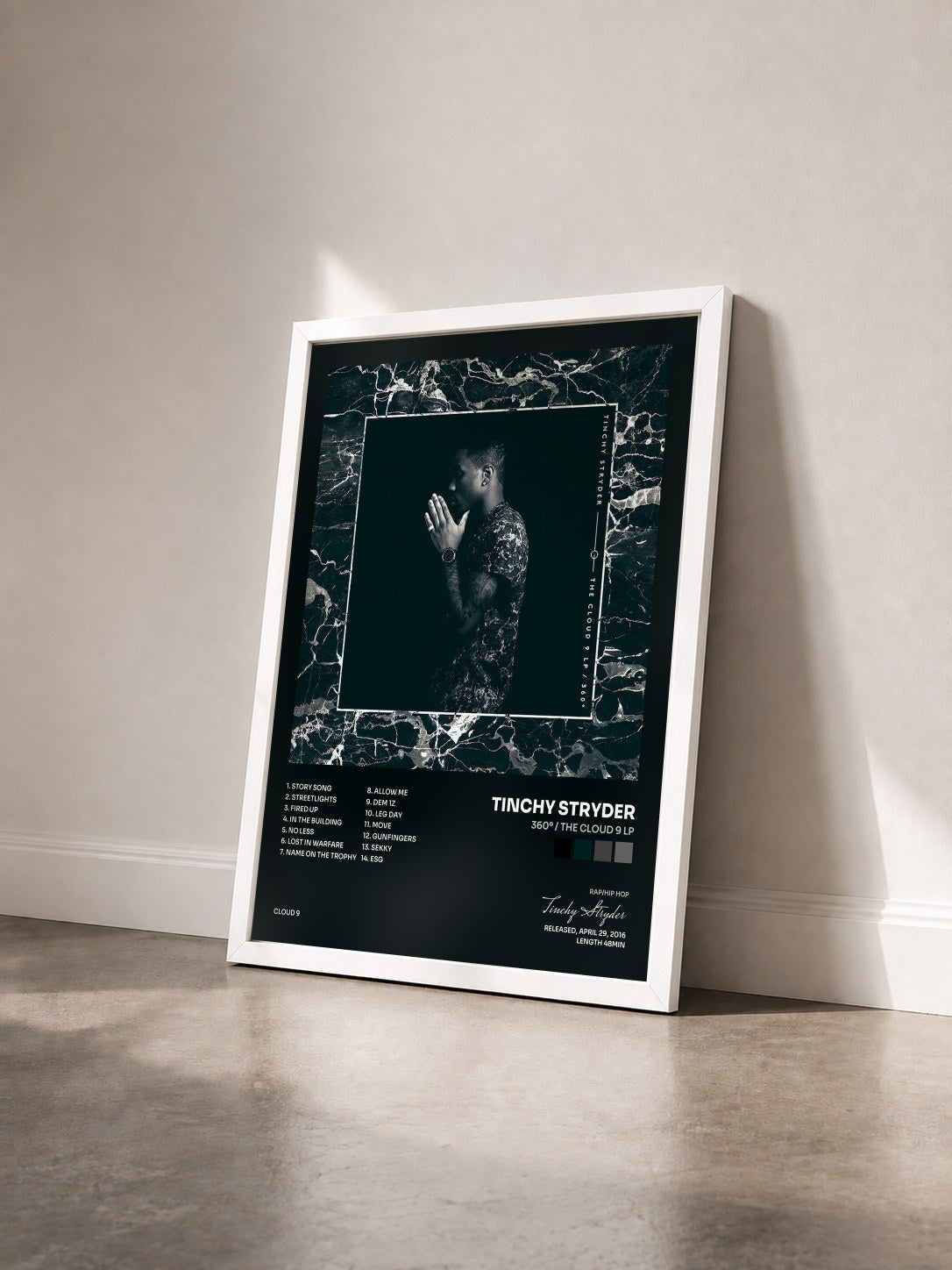 #blanc Tableau de l'album 360º / The Cloud 9 LP de Tinchy Stryder vu de trois quarts, cadre blanc