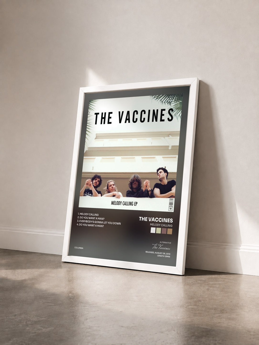#blanc Tableau de l'album Melody Calling de The Vaccines vu de trois quarts, cadre blanc