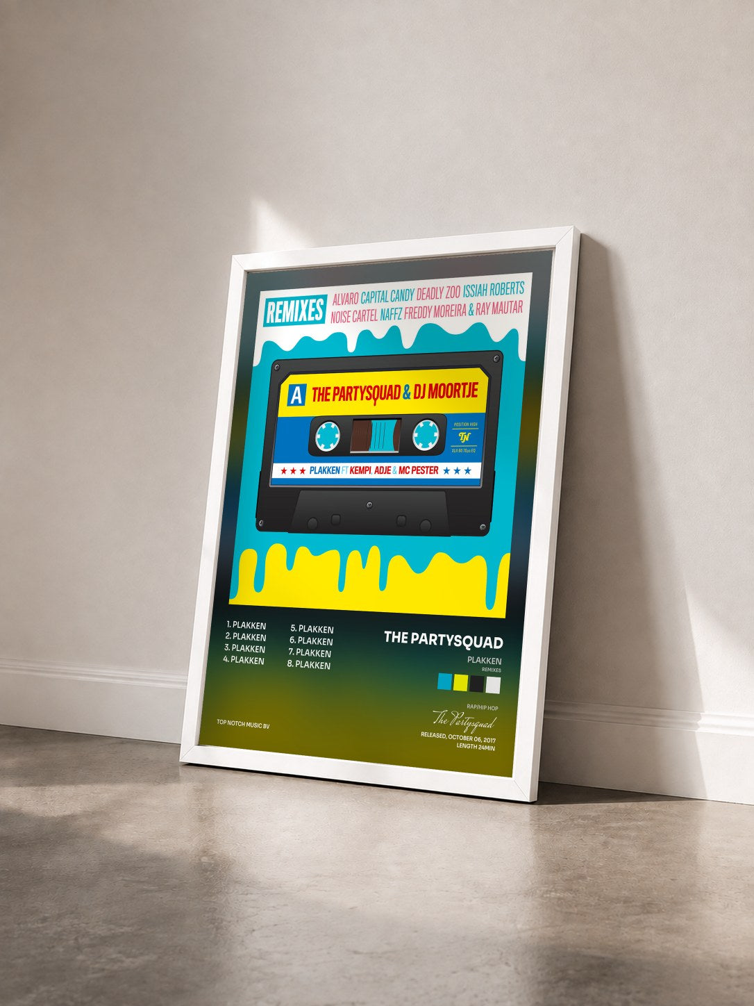 #blanc Tableau de l'album Plakken (Remixes) de The Partysquad vu de trois quarts, cadre blanc