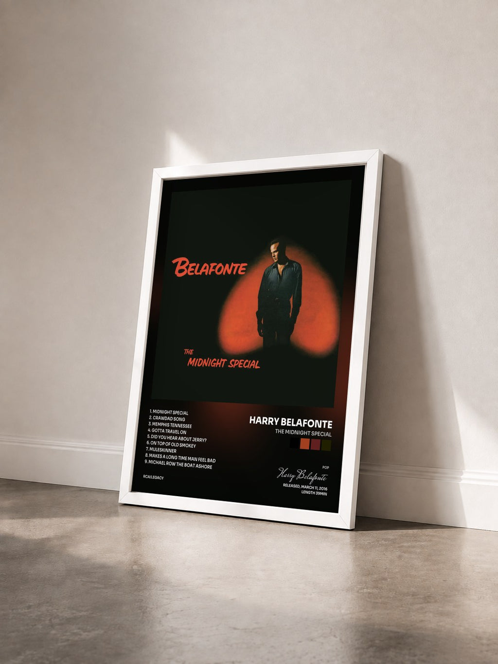 #blanc Tableau de l'album The Midnight Special de Harry Belafonte vu de trois quarts, cadre blanc