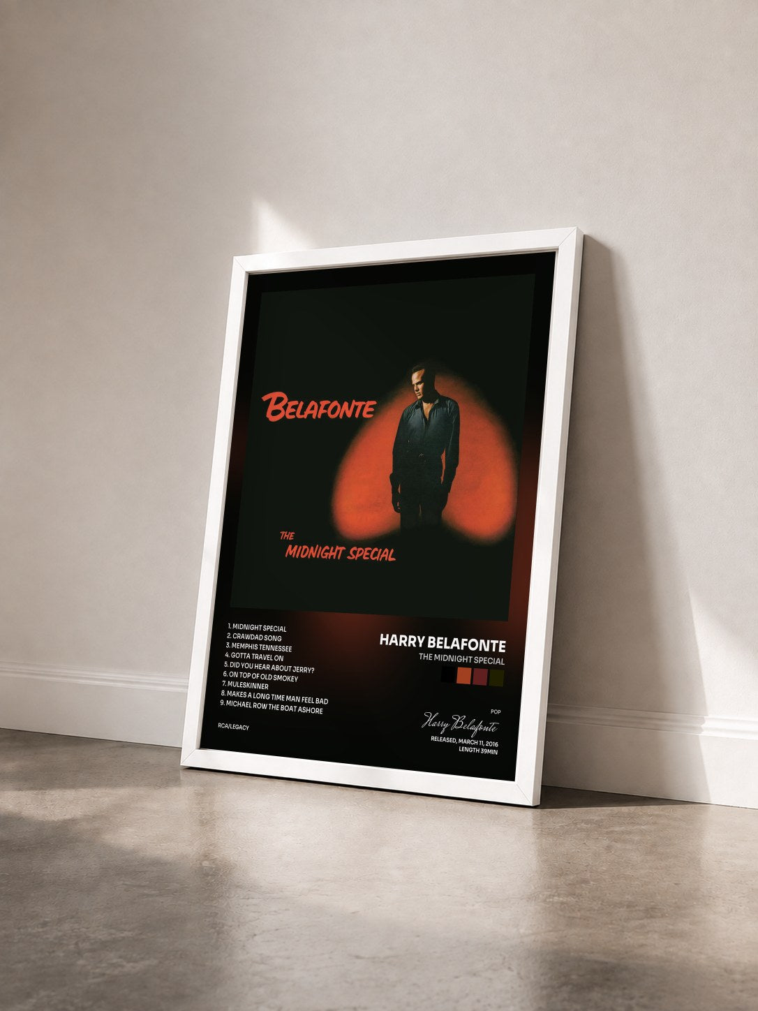 #blanc Tableau de l'album The Midnight Special de Harry Belafonte vu de trois quarts, cadre blanc
