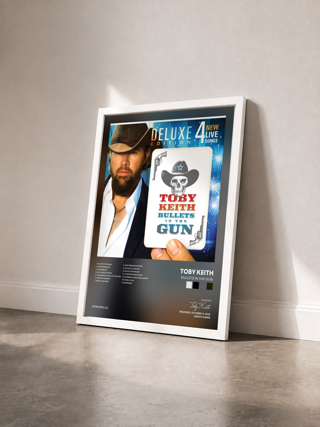 #blanc Tableau de l'album Bullets in the Gun de Toby Keith vu de trois quarts, cadre blanc