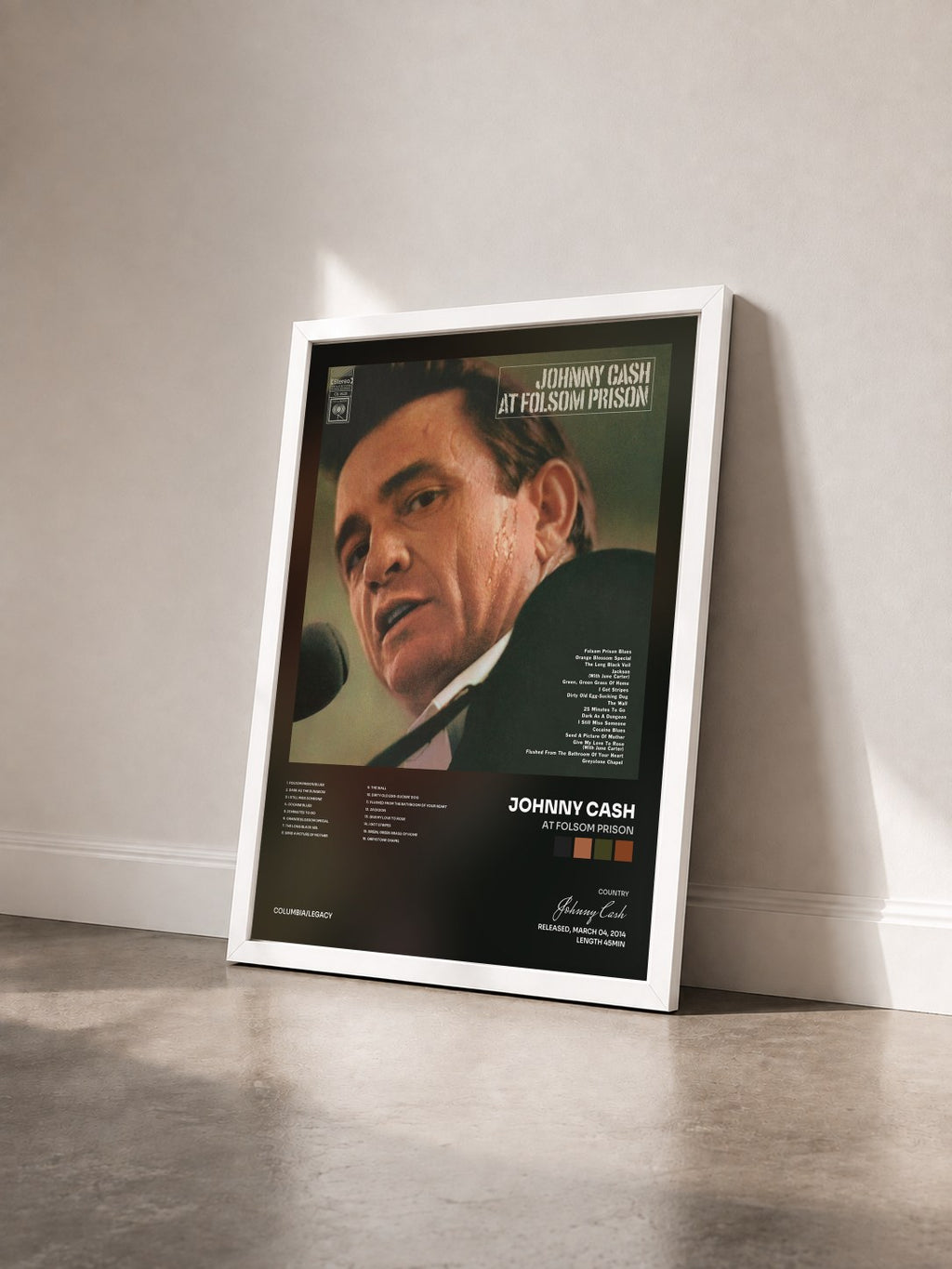#blanc Tableau de l'album At Folsom Prison de Johnny Cash vu de trois quarts, cadre blanc