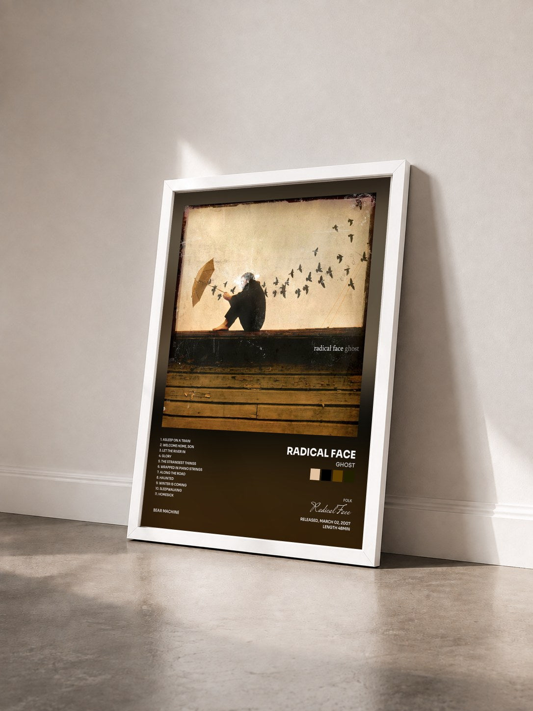 #blanc Tableau de l'album Ghost de Radical Face vu de trois quarts, cadre blanc