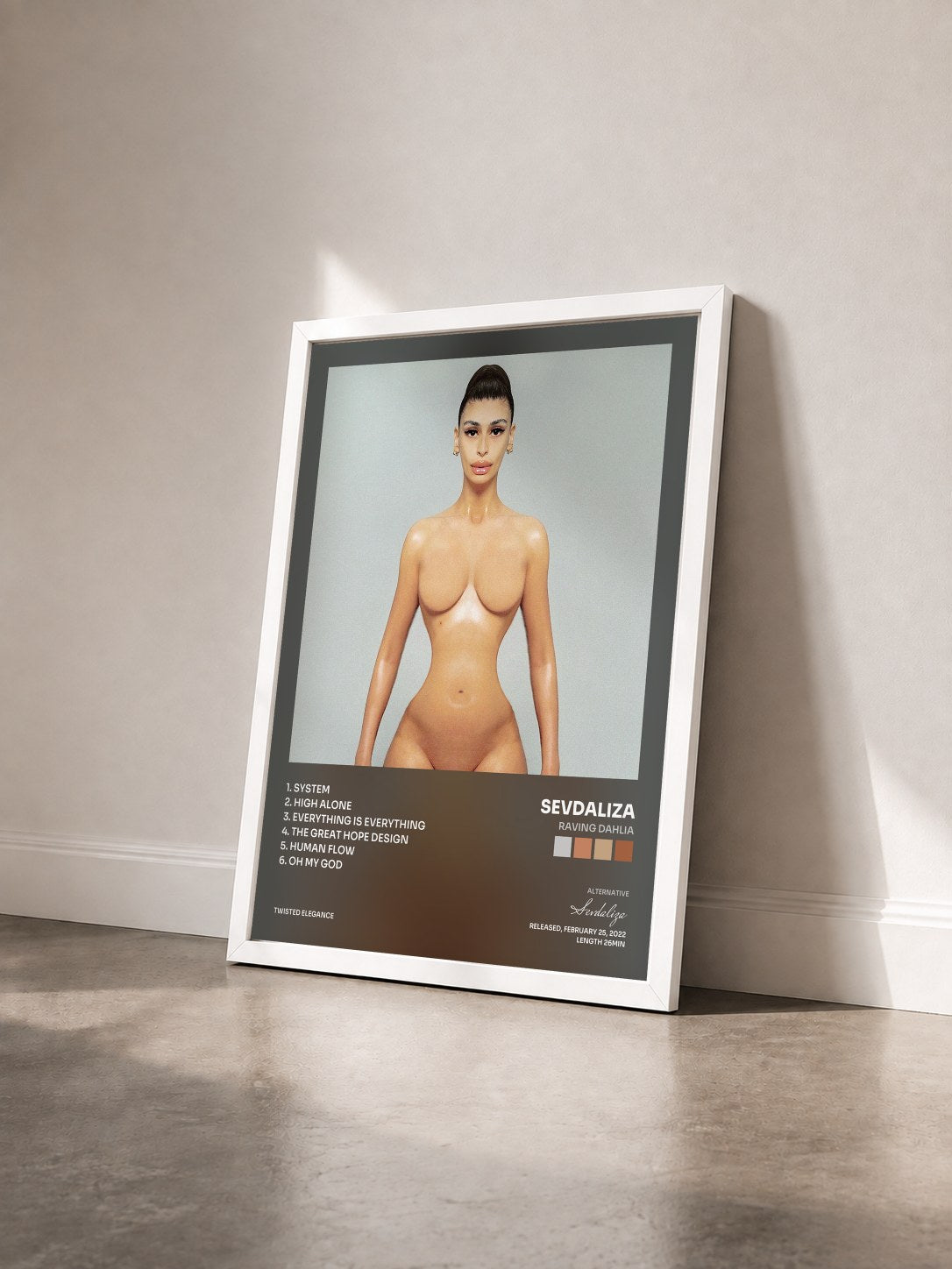 #blanc Tableau de l'album Raving Dahlia de Sevdaliza vu de trois quarts, cadre blanc