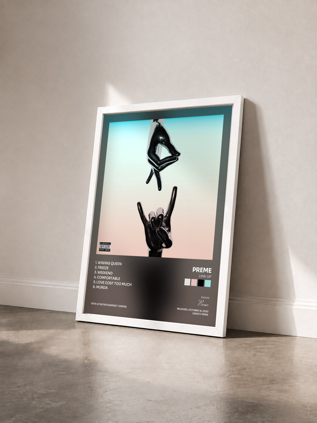 #blanc Tableau de l'album Link Up de Preme vu de trois quarts, cadre blanc