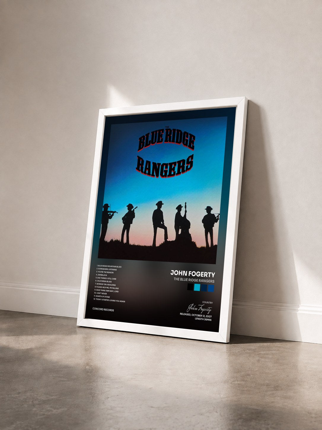 #blanc Tableau de l'album The Blue Ridge Rangers de John Fogerty vu de trois quarts, cadre blanc