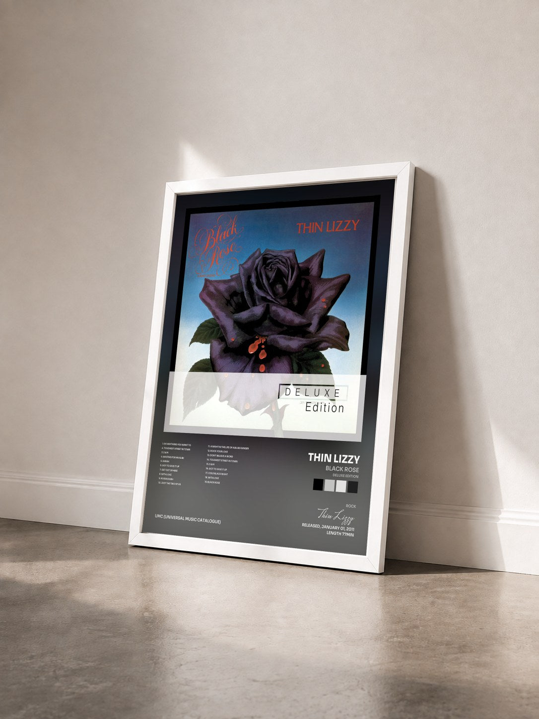 #blanc Tableau de l'album Black Rose (Deluxe Edition) de Thin Lizzy vu de trois quarts, cadre blanc