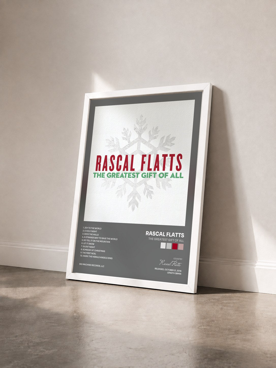 #blanc Tableau de l'album The Greatest Gift Of All de Rascal Flatts vu de trois quarts, cadre blanc