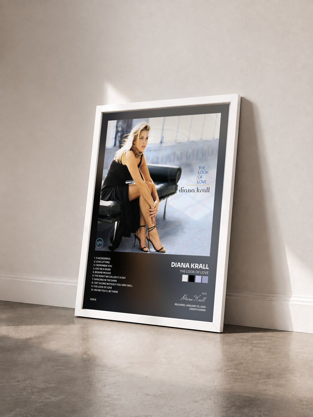 #blanc Tableau de l'album The Look Of Love de Diana Krall vu de trois quarts, cadre blanc