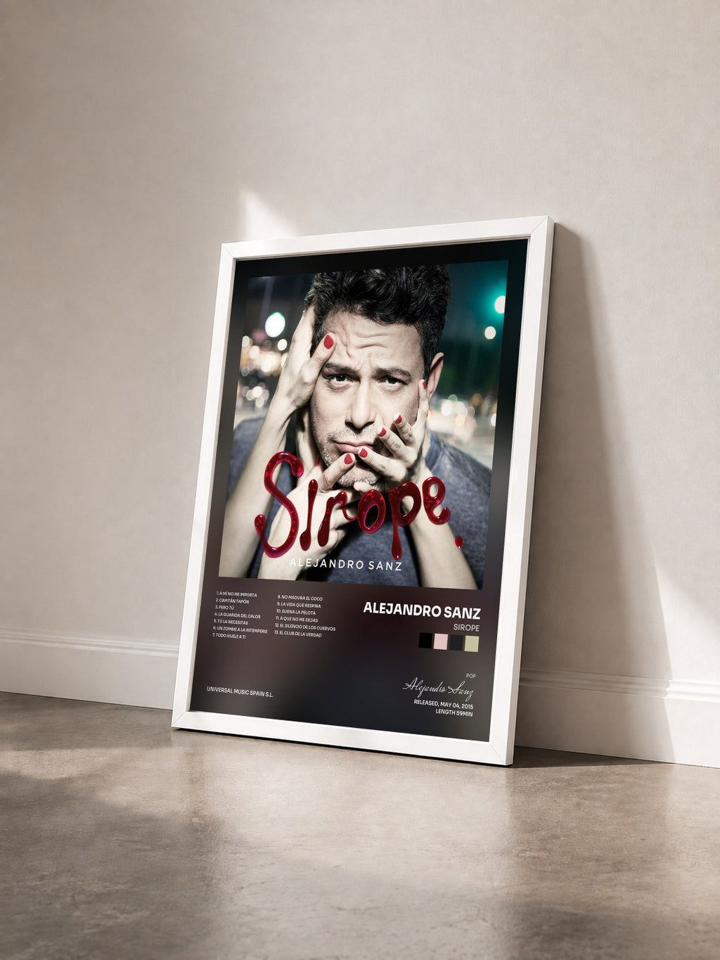 #blanc Tableau de l'album Sirope de Alejandro Sanz vu de trois quarts, cadre blanc