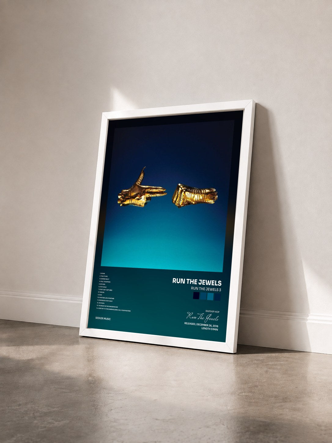 #blanc Tableau de l'album Run The Jewels 3 de Run The Jewels vu de trois quarts, cadre blanc