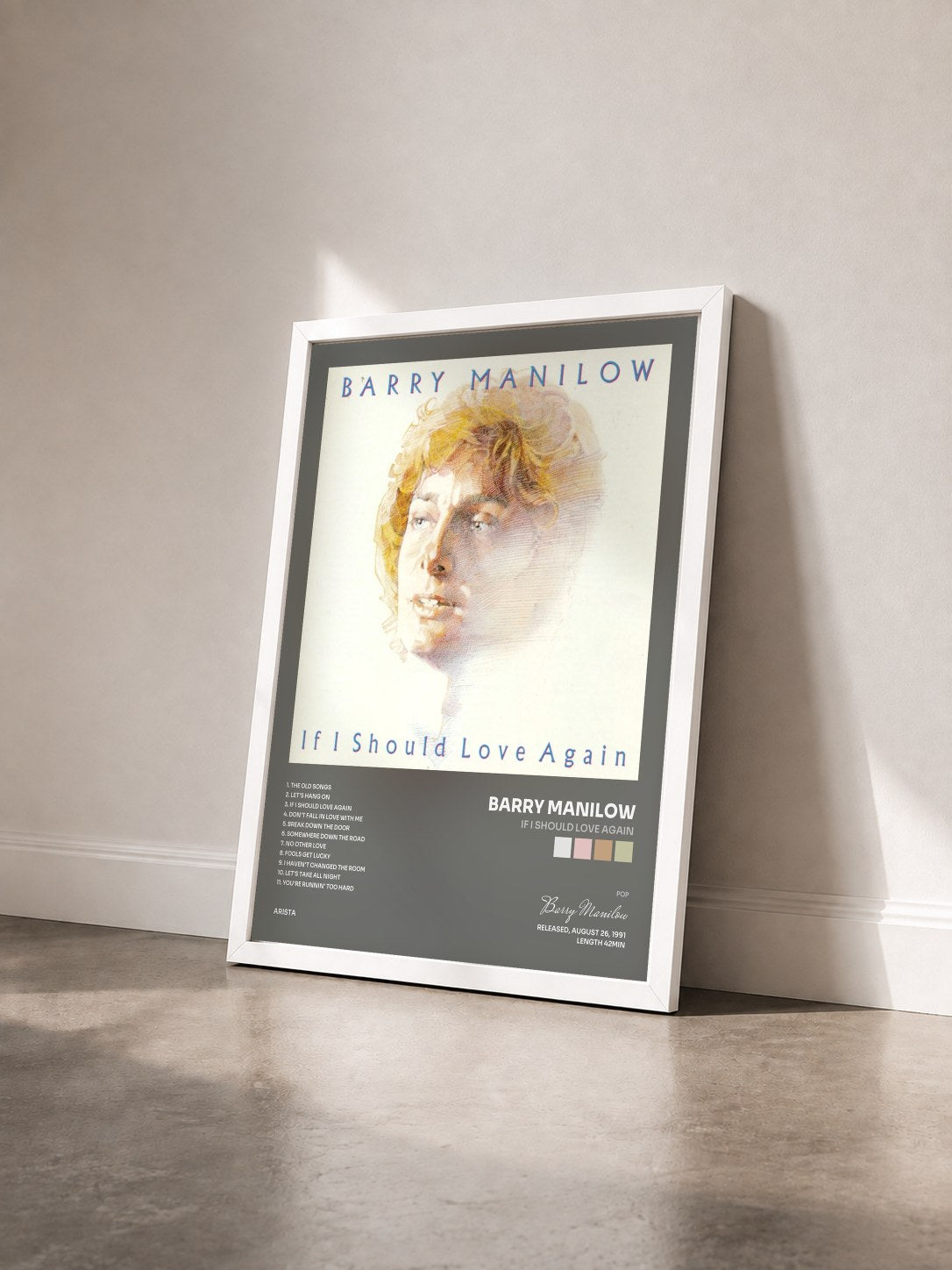 #blanc Tableau de l'album If I Should Love Again de Barry Manilow vu de trois quarts, cadre blanc