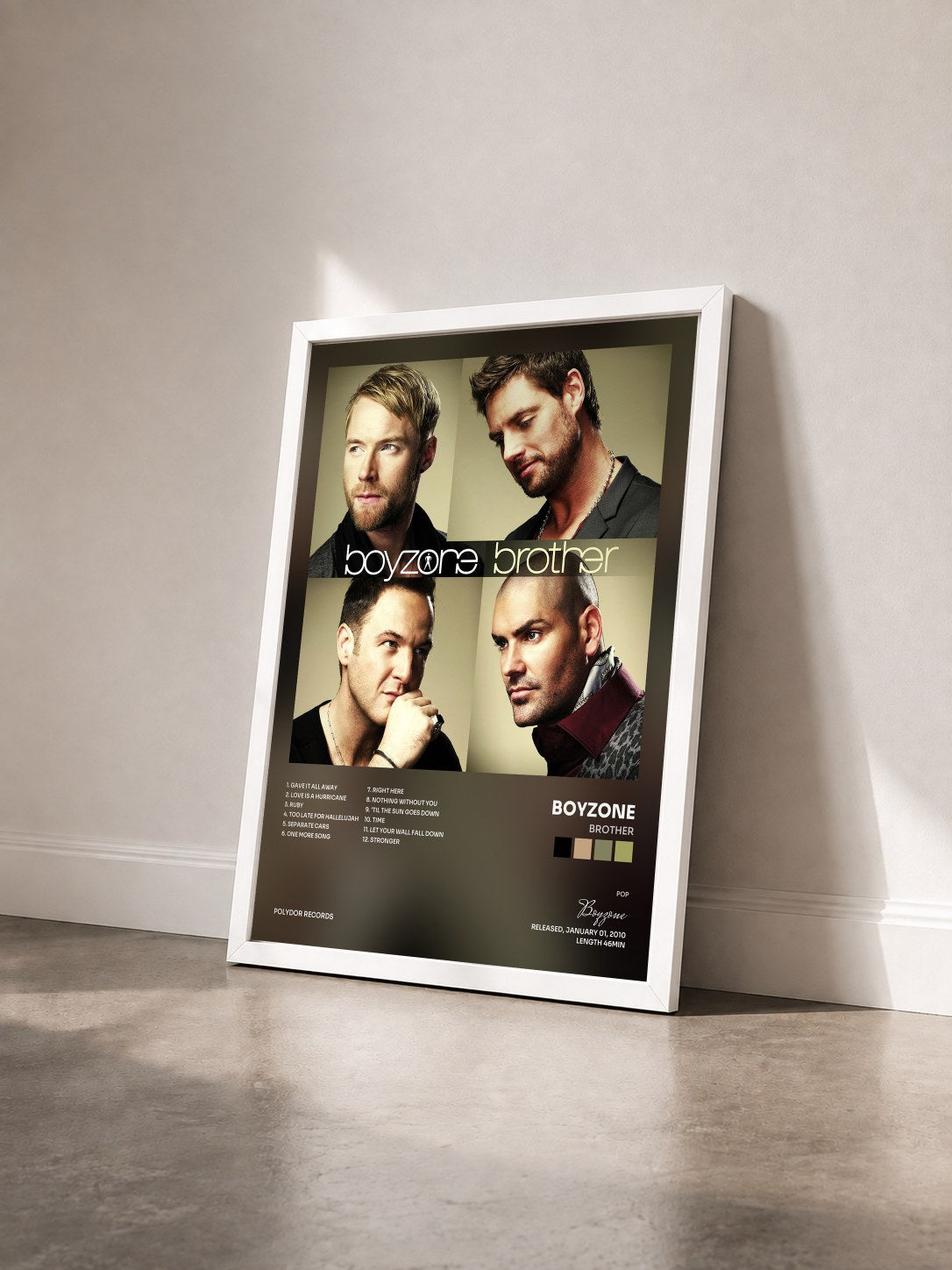 #blanc Tableau de l'album Brother de Boyzone vu de trois quarts, cadre blanc