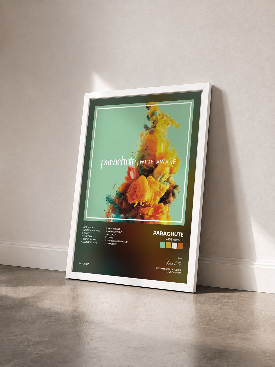 #blanc Tableau de l'album Wide Awake de Parachute vu de trois quarts, cadre blanc