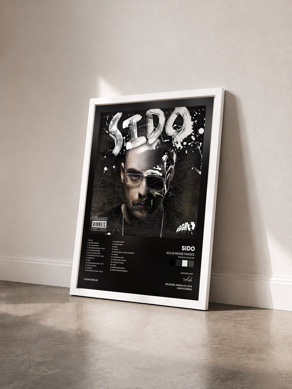 #blanc Tableau de l'album Ich & meine Maske (Premium Version) de Sido vu de trois quarts, cadre blanc