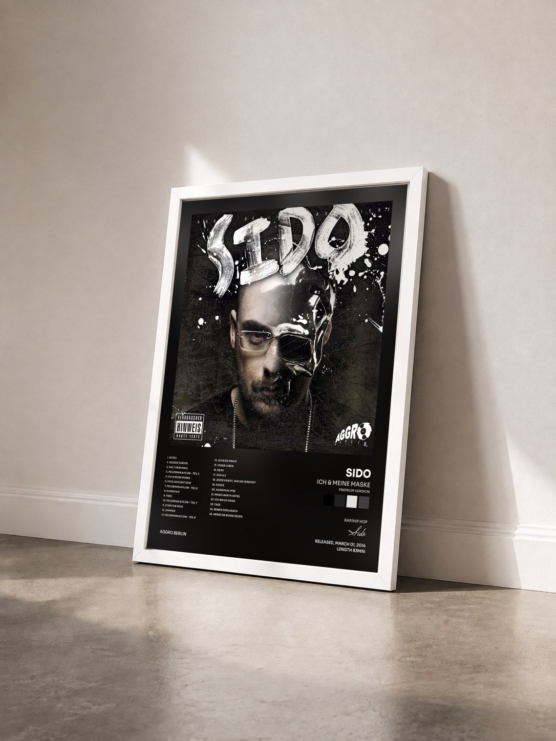 #blanc Tableau de l'album Ich & meine Maske (Premium Version) de Sido vu de trois quarts, cadre blanc