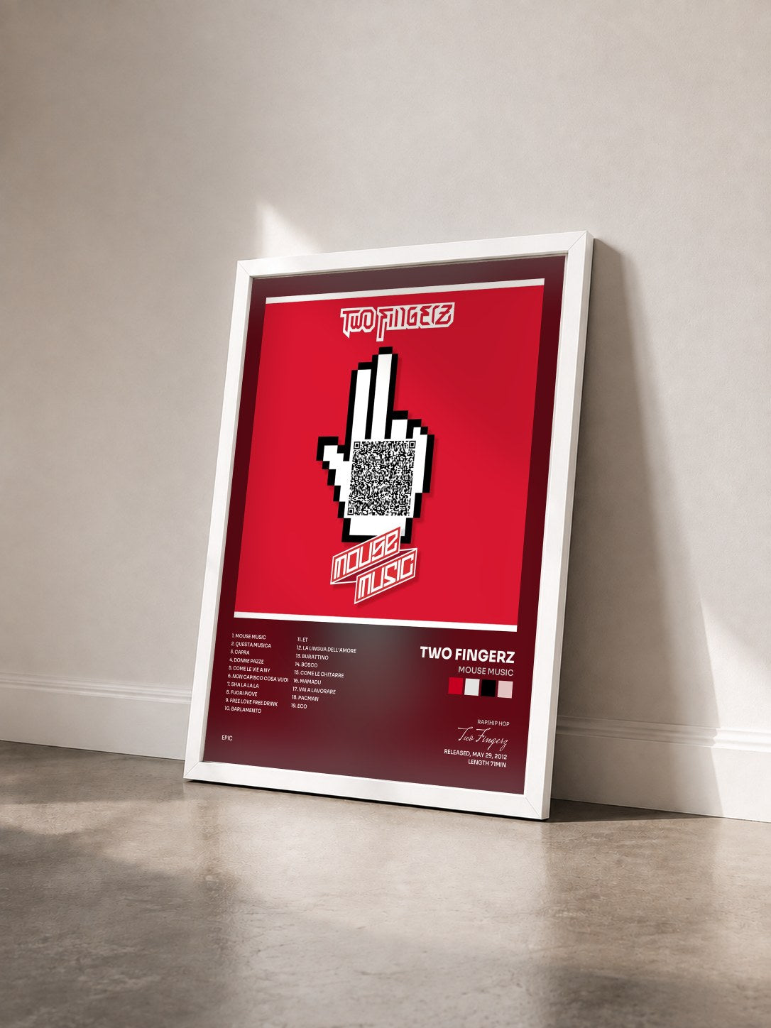 #blanc Tableau de l'album Mouse Music de Two Fingerz vu de trois quarts, cadre blanc