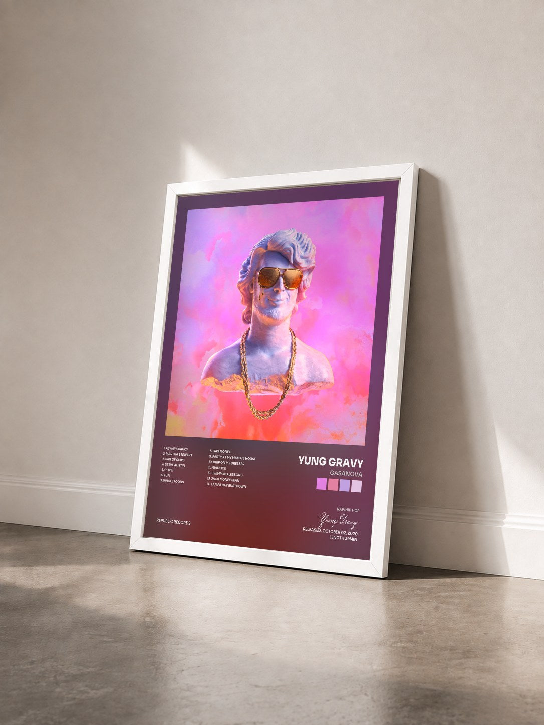 #blanc Tableau de l'album Gasanova de Yung Gravy vu de trois quarts, cadre blanc