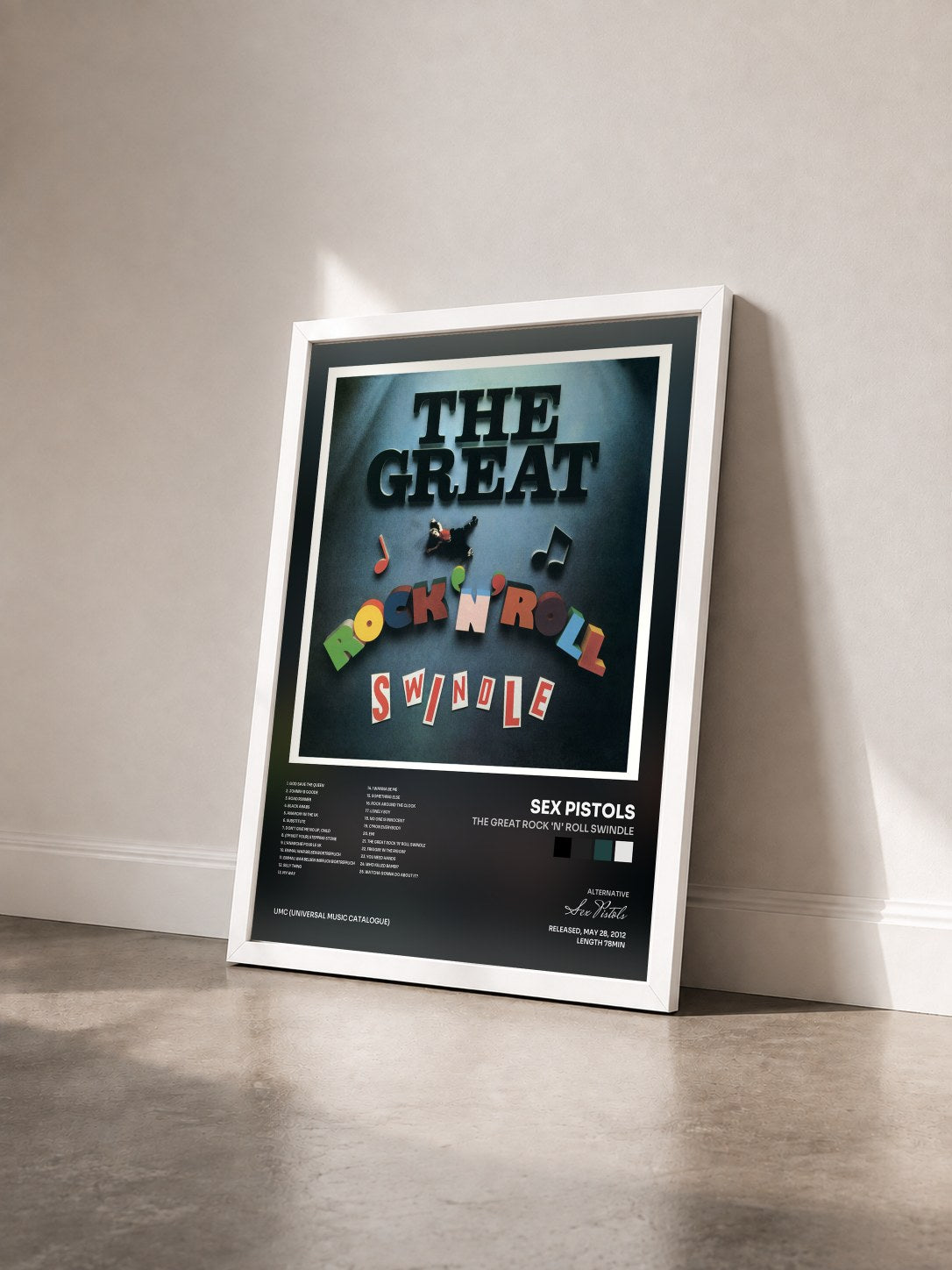 #blanc Tableau de l'album The Great Rock 'N' Roll Swindle de Sex Pistols vu de trois quarts, cadre blanc