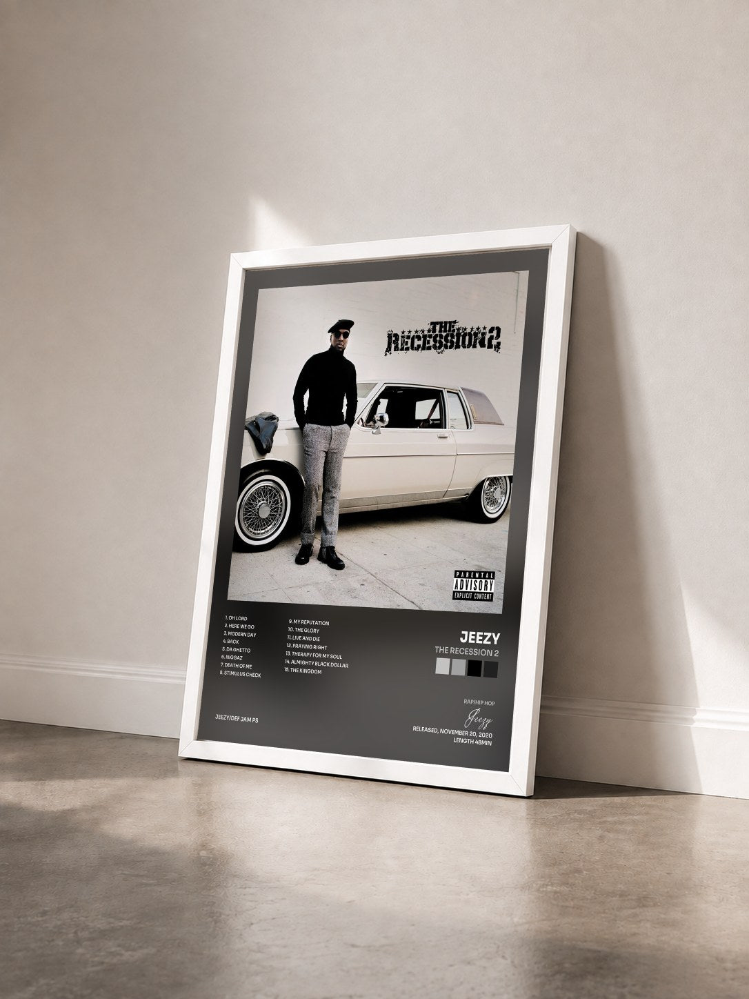 #blanc Tableau de l'album The Recession 2 de Jeezy vu de trois quarts, cadre blanc