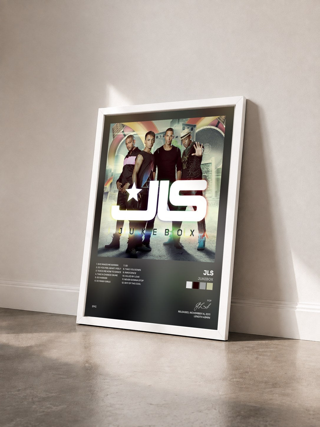 #blanc Tableau de l'album Jukebox de JLS vu de trois quarts, cadre blanc