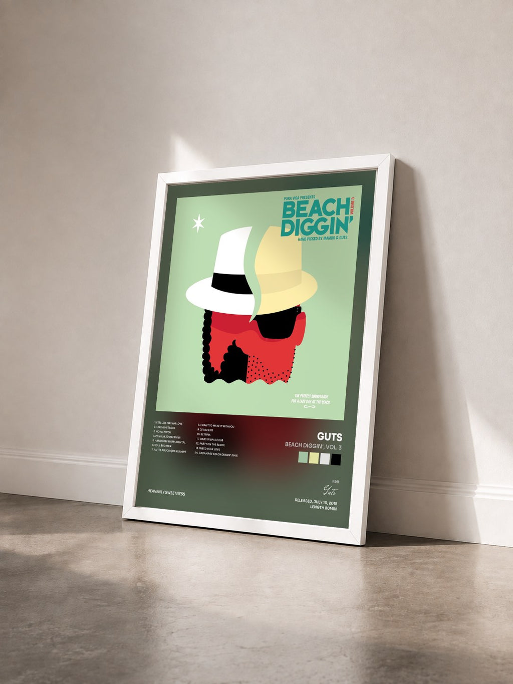 #blanc Tableau de l'album Beach Diggin', Vol. 3 de Guts vu de trois quarts, cadre blanc