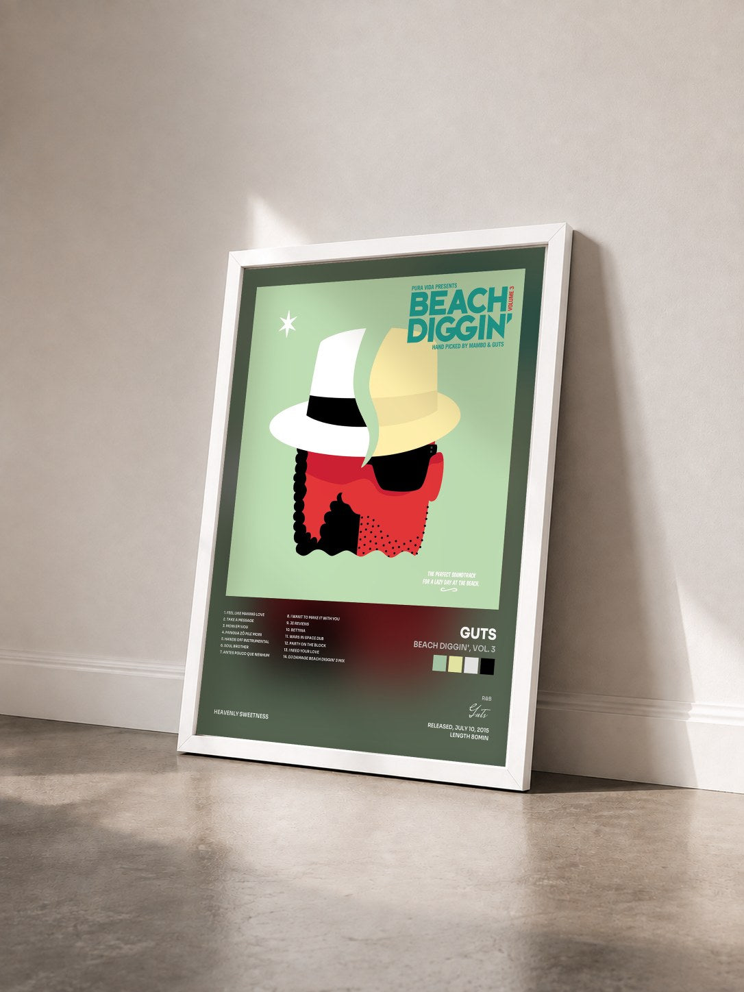#blanc Tableau de l'album Beach Diggin', Vol. 3 de Guts vu de trois quarts, cadre blanc