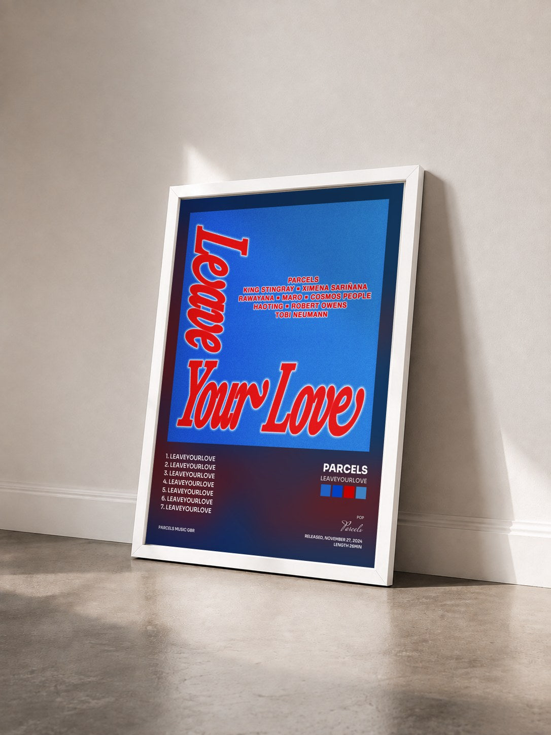 #blanc Tableau de l'album Leaveyourlove de Parcels vu de trois quarts, cadre blanc