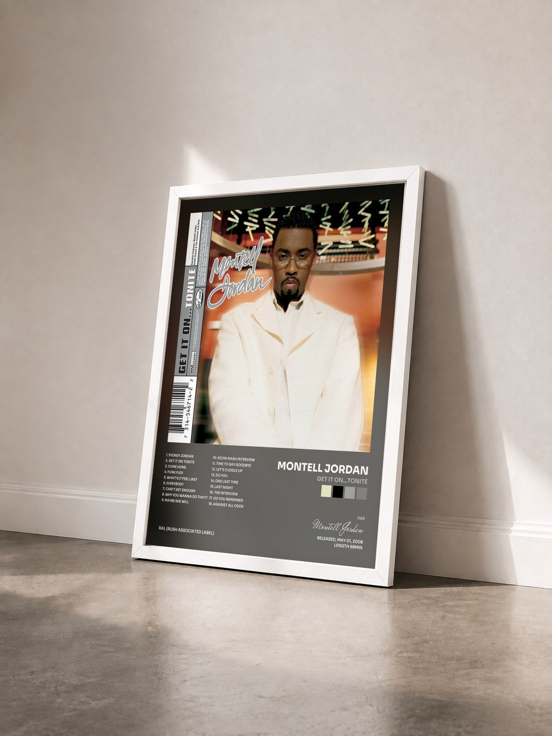 #blanc Tableau de l'album Get It On...Tonite de Montell Jordan vu de trois quarts, cadre blanc