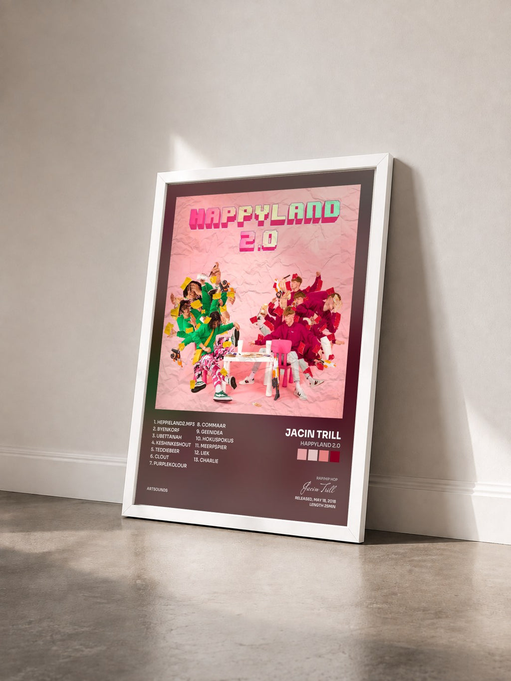 #blanc Tableau de l'album Happyland 2.0 de Jacin Trill vu de trois quarts, cadre blanc
