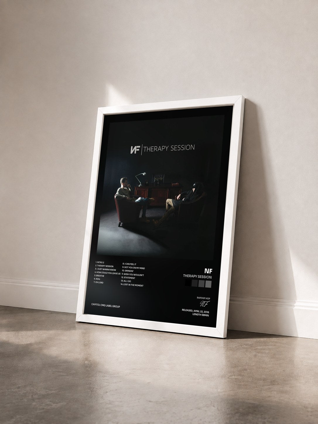 #blanc Tableau de l'album Therapy Session de NF vu de trois quarts, cadre blanc