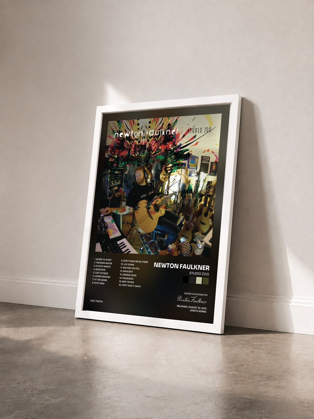 #blanc Tableau de l'album Studio Zoo de Newton Faulkner vu de trois quarts, cadre blanc