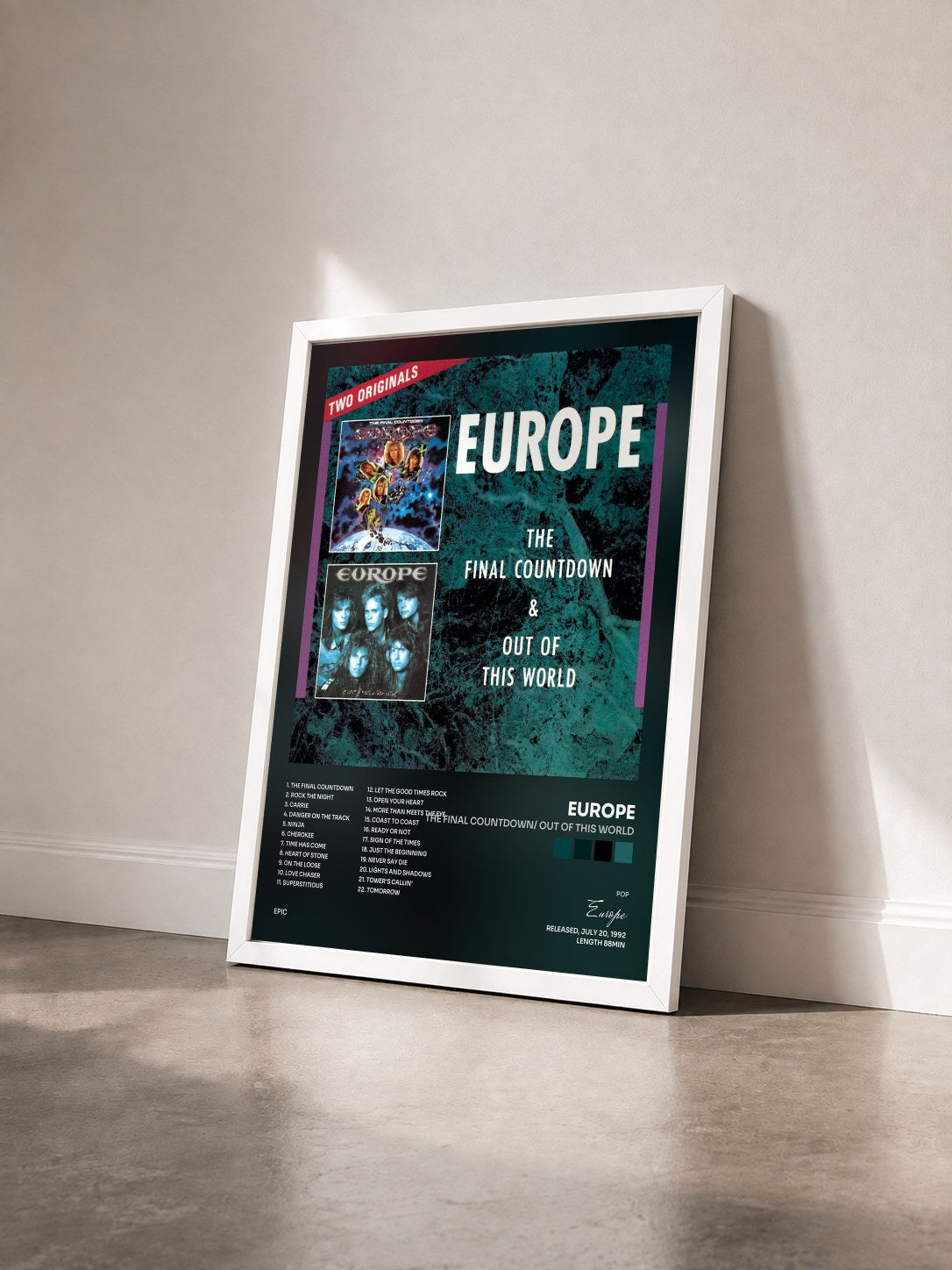 #blanc Tableau de l'album The Final Countdown/ Out Of This World de Europe vu de trois quarts, cadre blanc
