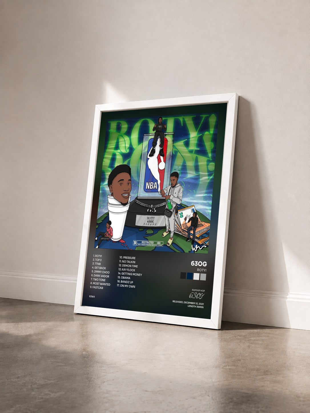 #blanc Tableau de l'album ROTY! de 63OG vu de trois quarts, cadre blanc