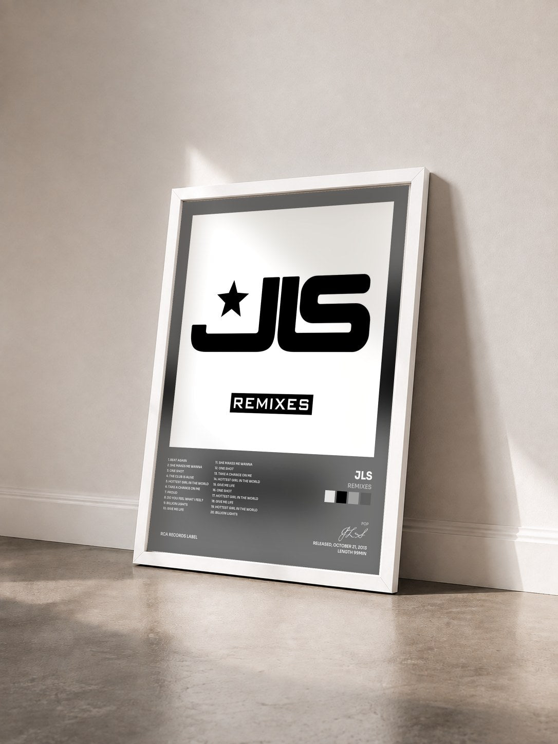 #blanc Tableau de l'album Remixes de JLS vu de trois quarts, cadre blanc