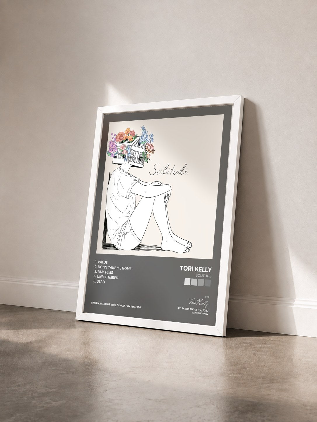 #blanc Tableau de l'album Solitude de Tori Kelly vu de trois quarts, cadre blanc
