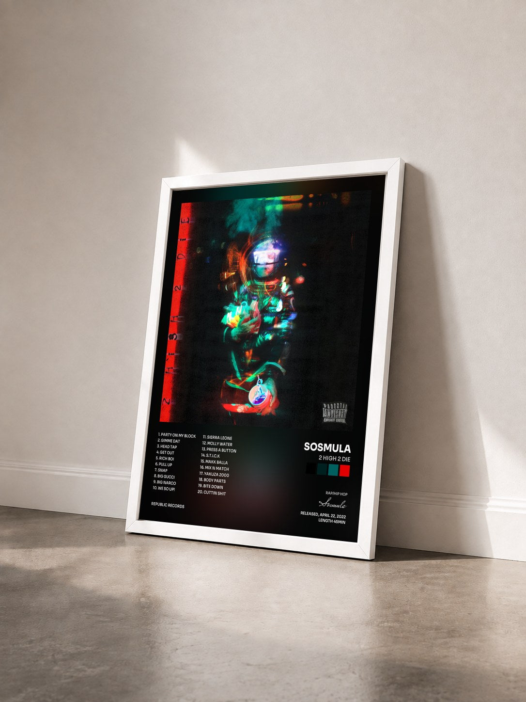 #blanc Tableau de l'album 2 HIGH 2 DIE de Sosmula vu de trois quarts, cadre blanc