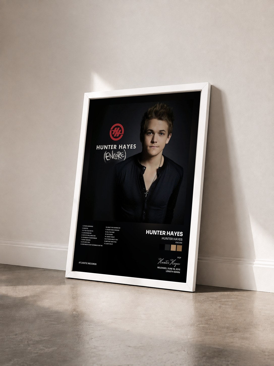 #blanc Tableau de l'album Hunter Hayes (Encore) de Hunter Hayes vu de trois quarts, cadre blanc