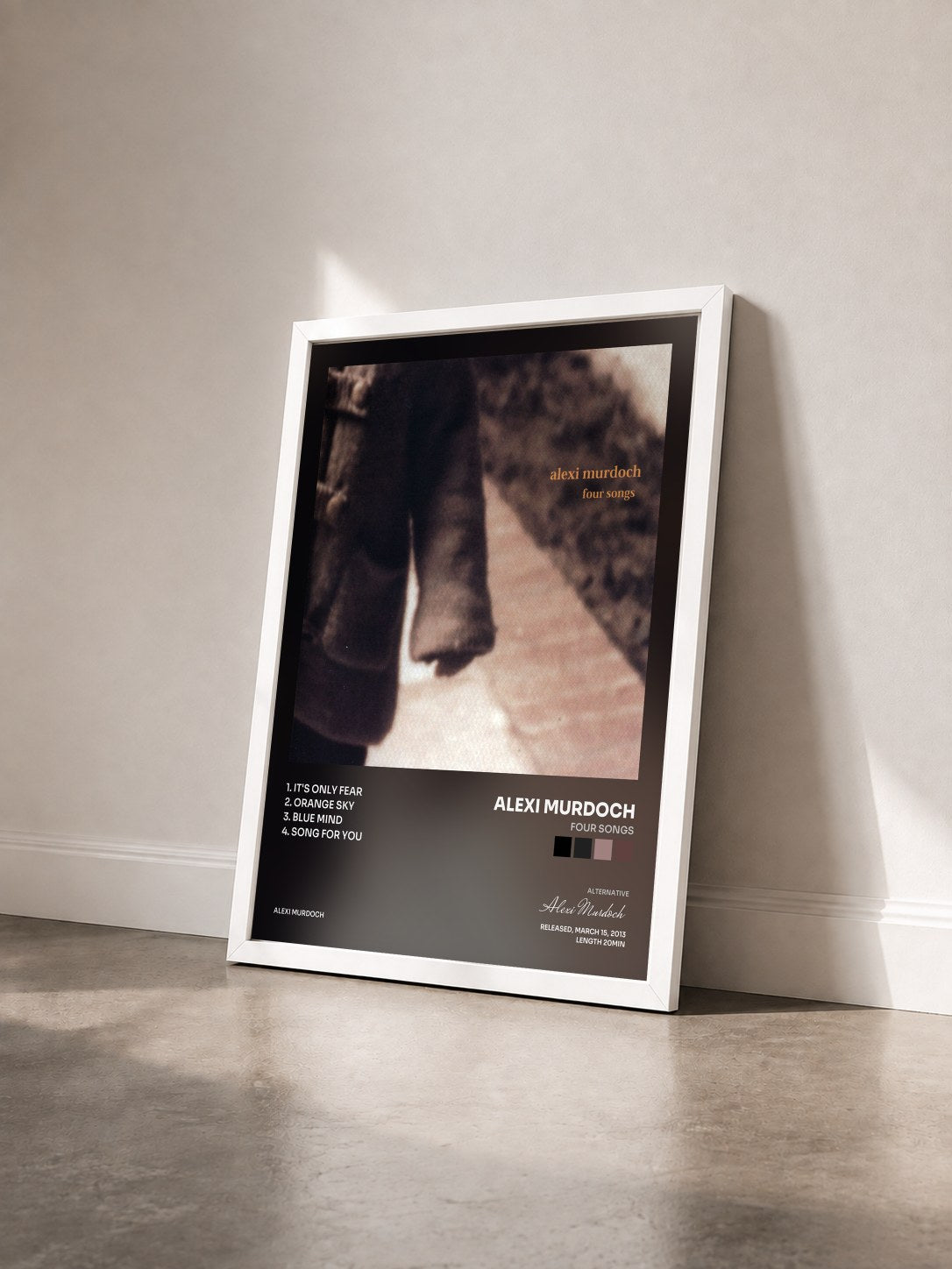 #blanc Tableau de l'album Four Songs de Alexi Murdoch vu de trois quarts, cadre blanc