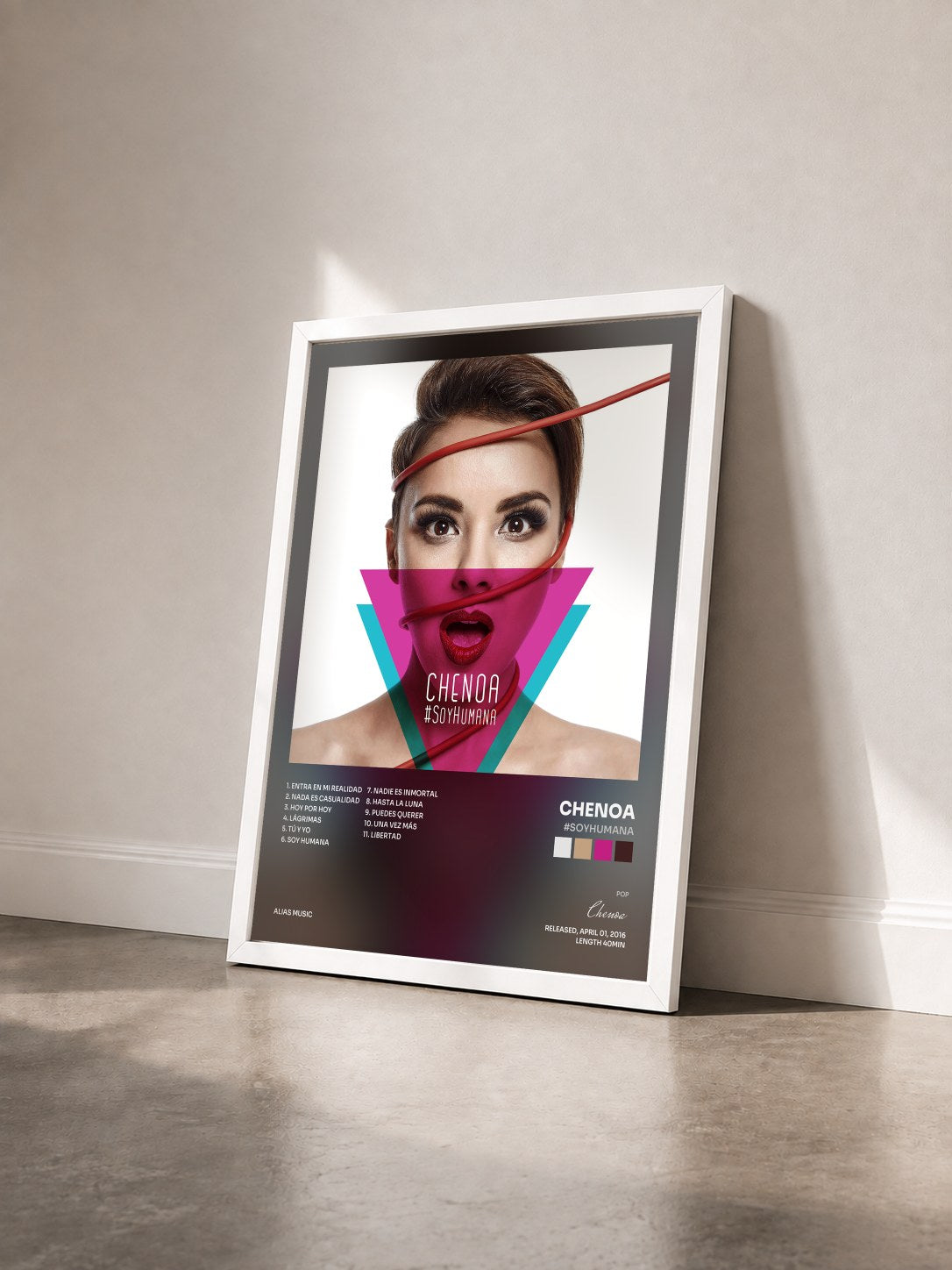 #blanc Tableau de l'album #SoyHumana de Chenoa vu de trois quarts, cadre blanc