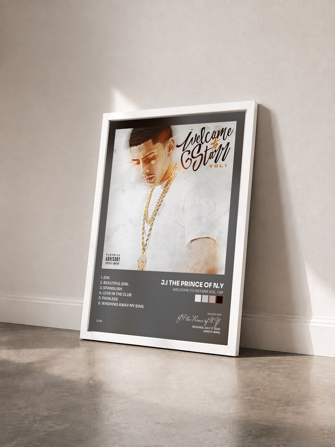 #blanc Tableau de l'album Welcome to GStarr Vol. 1 EP de J.I the Prince of N.Y vu de trois quarts, cadre blanc