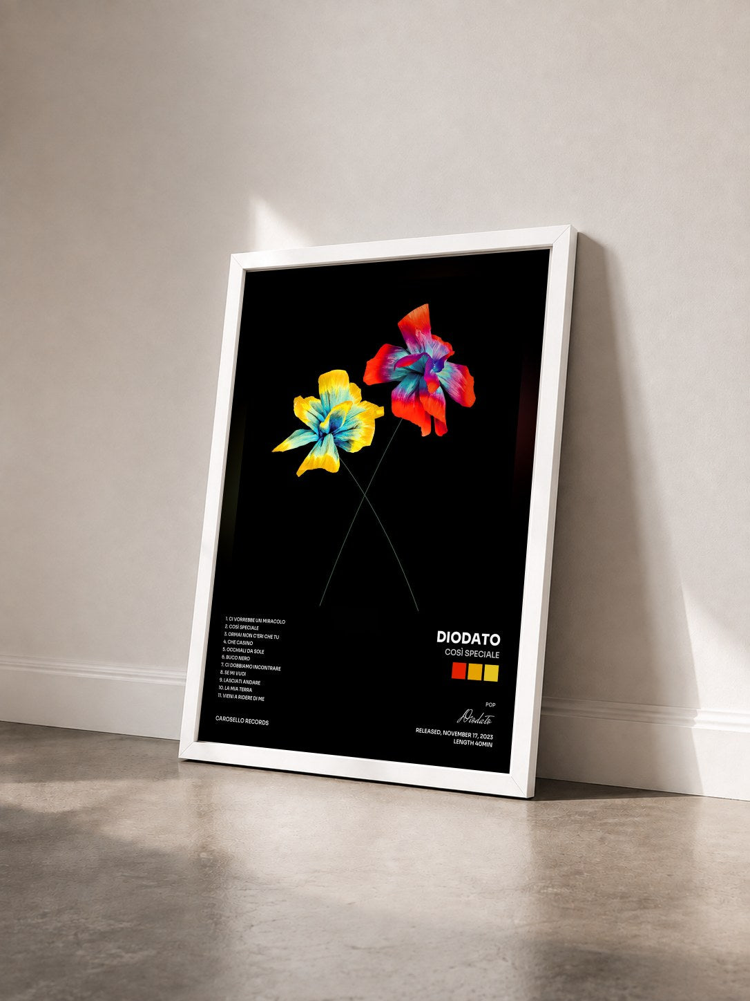 #blanc Tableau de l'album Così speciale de Diodato vu de trois quarts, cadre blanc