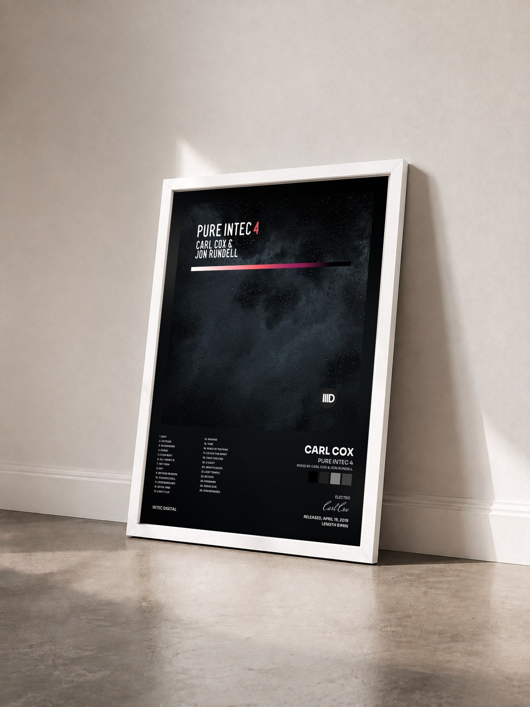 #blanc Tableau de l'album Pure Intec 4 (Mixed by Carl Cox & Jon Rundell) de Carl Cox vu de trois quarts, cadre blanc